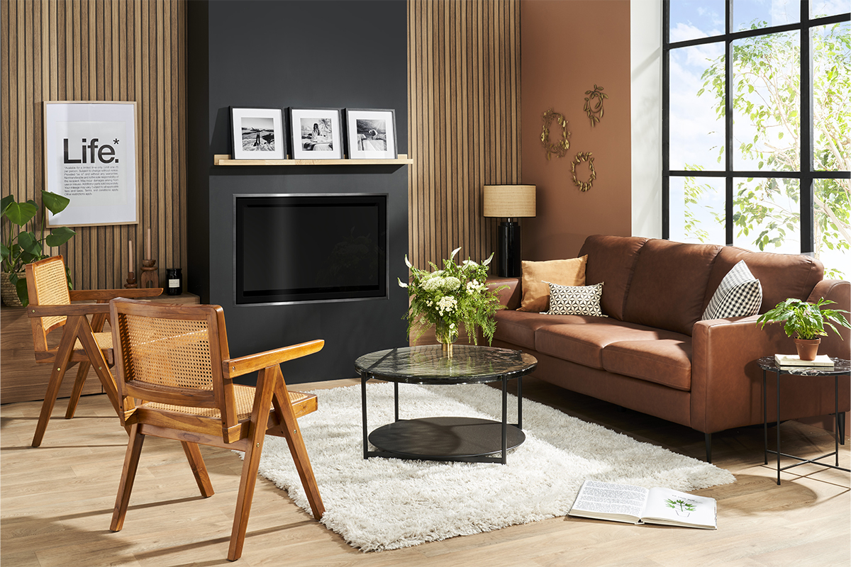Table basse ronde avec double plateau en verre recycl� et m�tal noir D85 cm WELLE