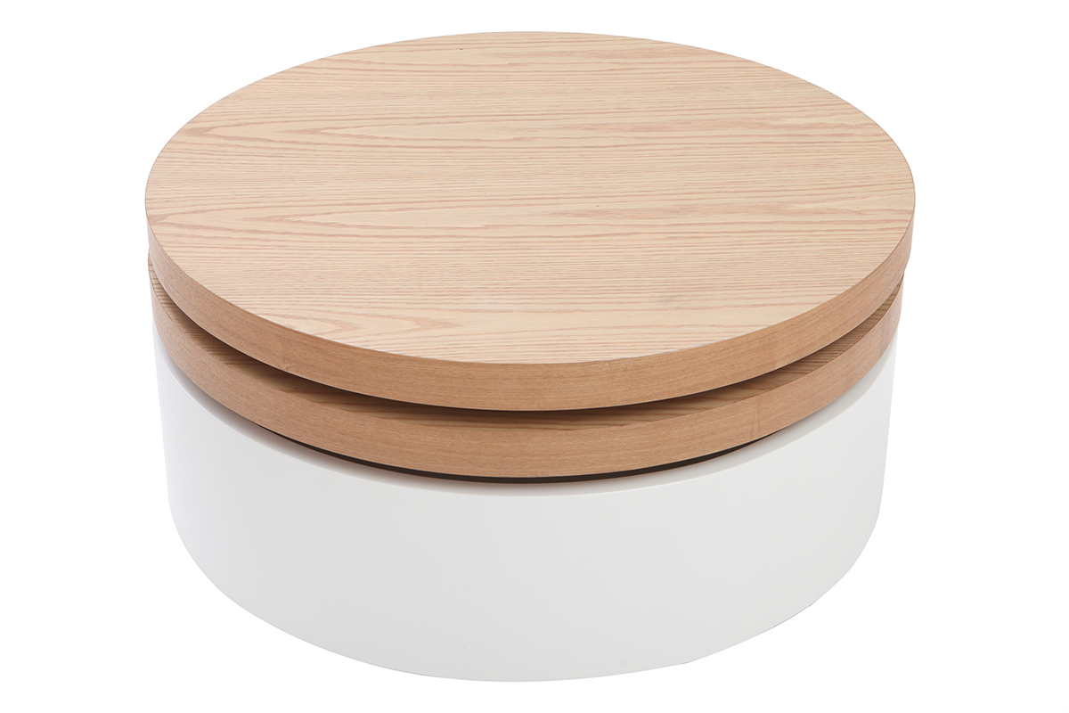 Table basse ronde avec plateaux pivotants et rangement blanc et bois clair ch�ne D80 cm ICON