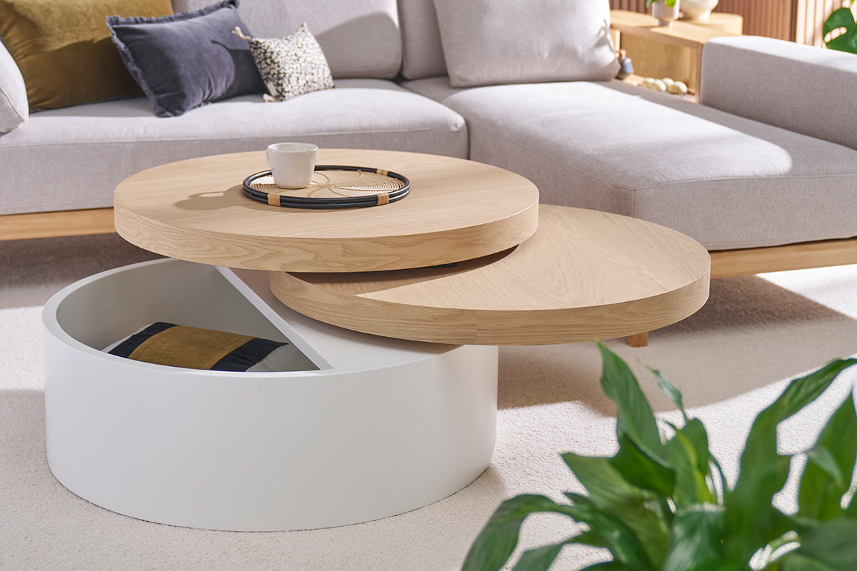 Table basse ronde avec plateaux pivotants et rangement blanc et bois clair ch�ne D80 cm ICON