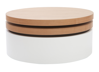 Table basse ronde avec plateaux pivotants et rangement blanc et bois clair ch&ecirc;ne D80 cm ICON