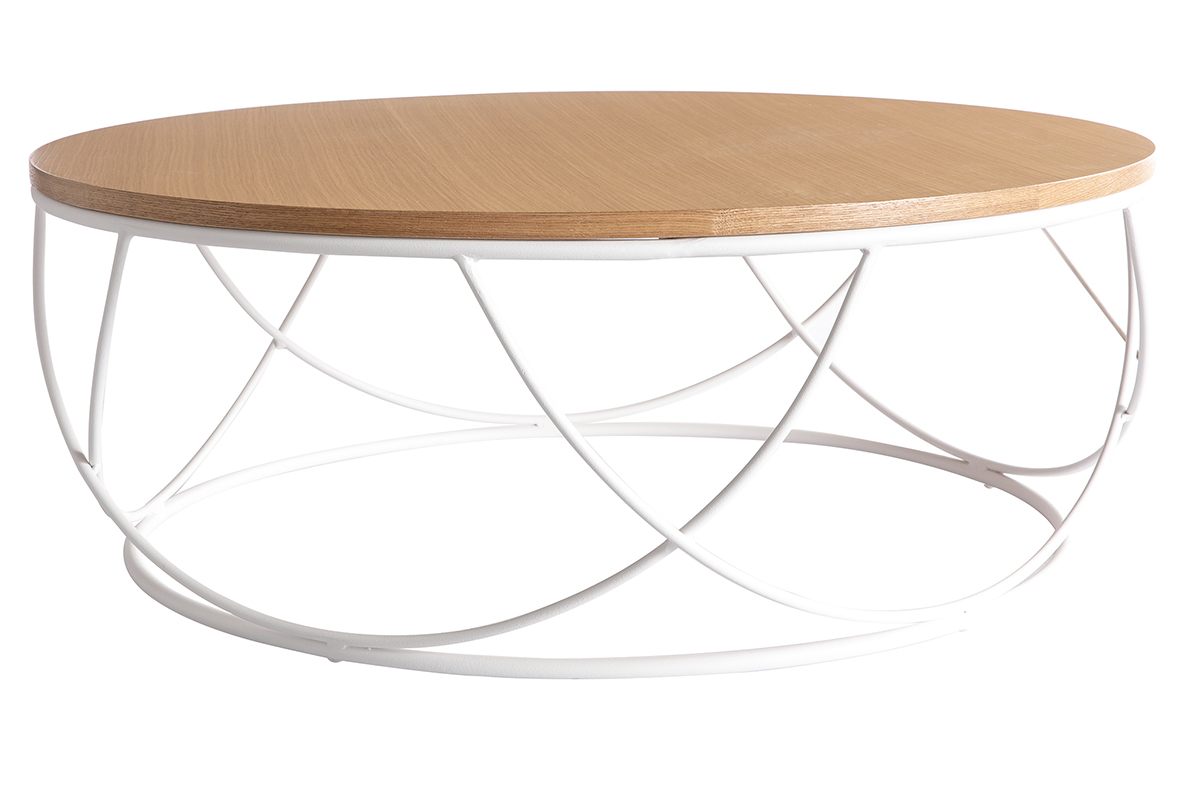 Table basse ronde bois clair ch�ne et m�tal blanc D80 cm LACE