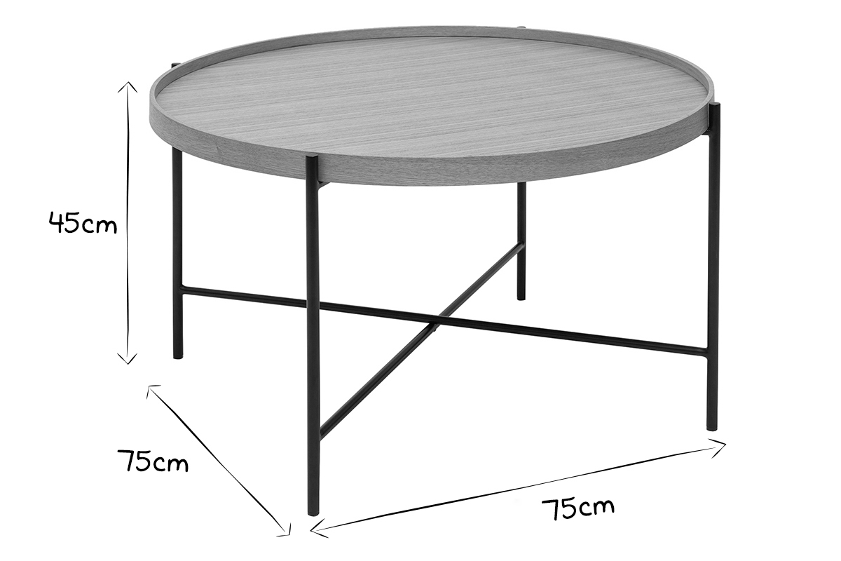 Table basse ronde en bois clair et m�tal noir, dimensions D75 x H45 cm.