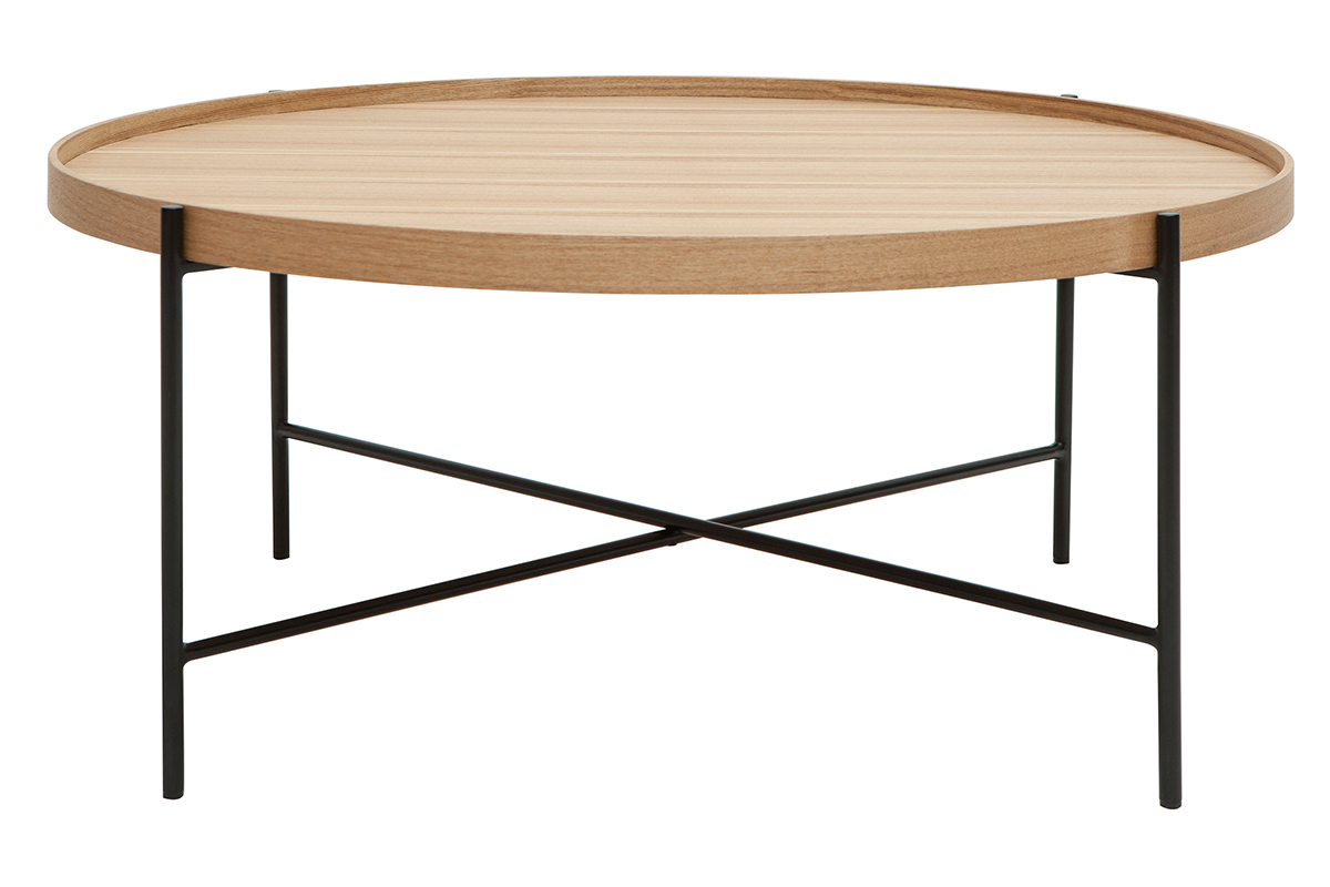 Table basse ronde bois clair et m�tal noir D90 cm BASSY