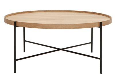 Table basse ronde bois clair et m&eacute;tal noir D90 cm BASSY