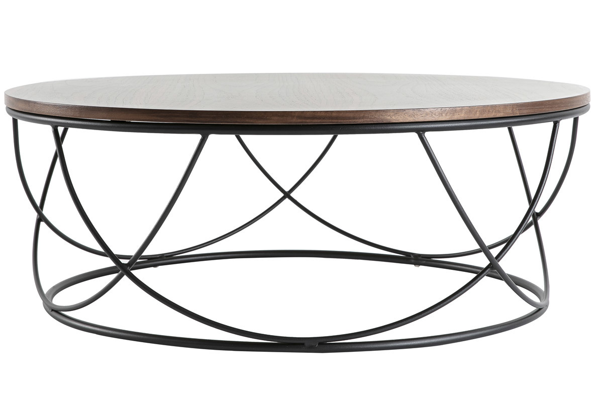 Table basse ronde bois fonc� noyer et m�tal noir D80 cm LACE