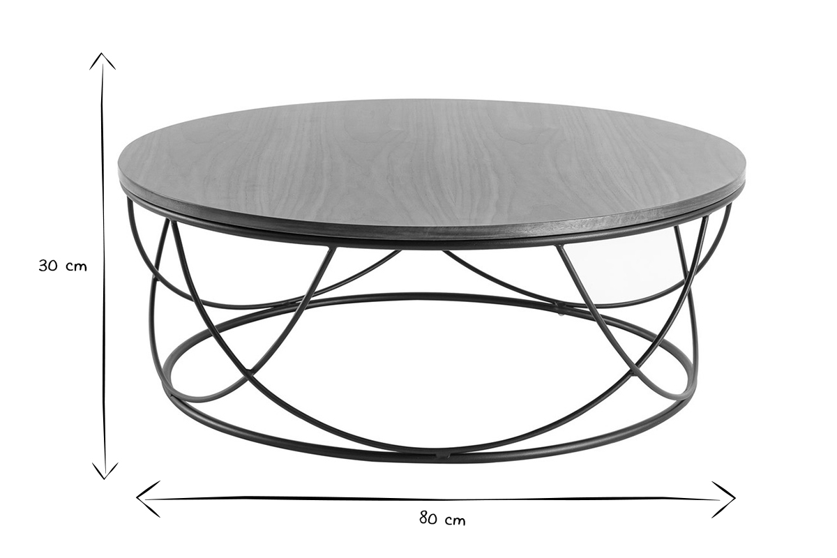 Table basse ronde bois fonc� noyer et m�tal noir D80 cm LACE