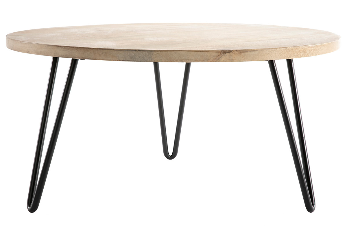 Table basse ronde bois manguier massif et m�tal noir D80 cm VIBES