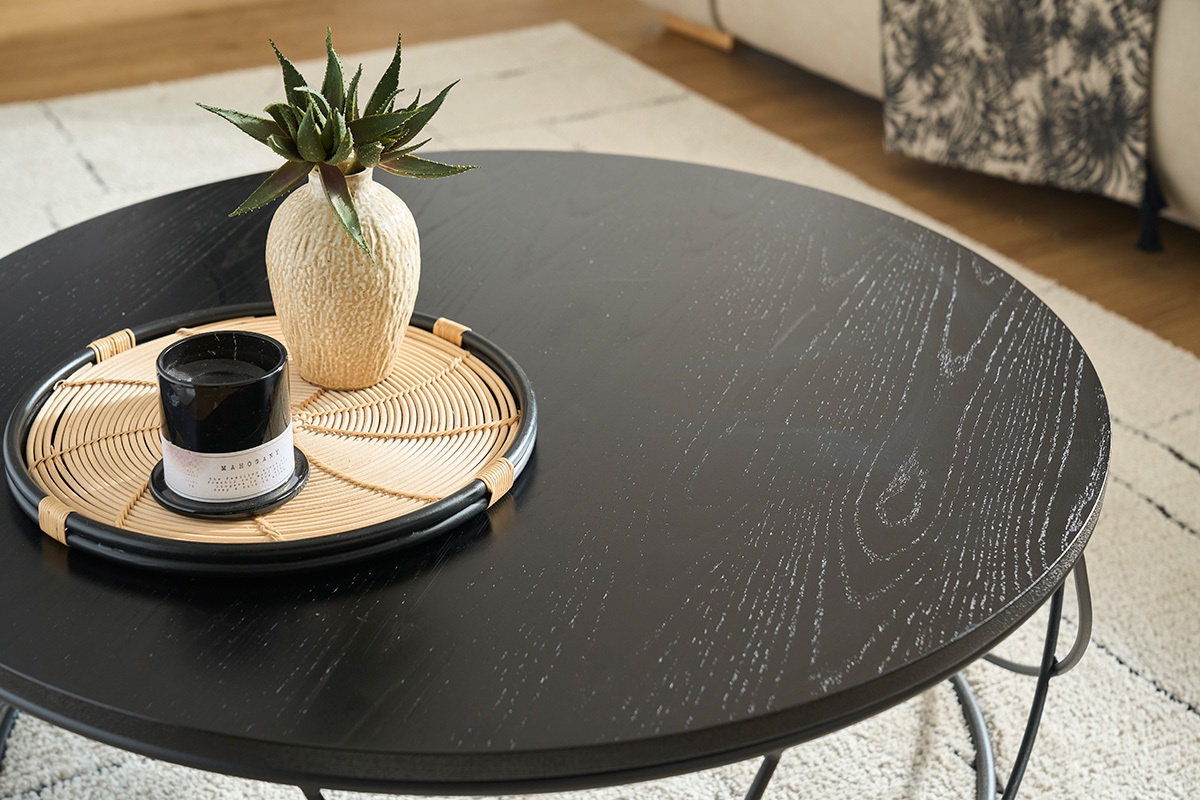 Table basse ronde bois noir et m�tal noir D80 cm LACE