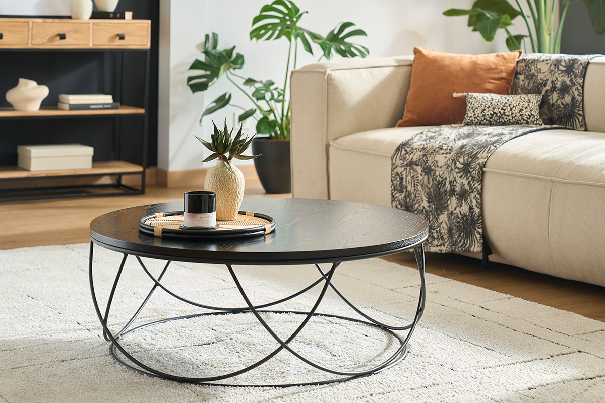 Table basse ronde bois noir et m�tal noir D80 cm LACE