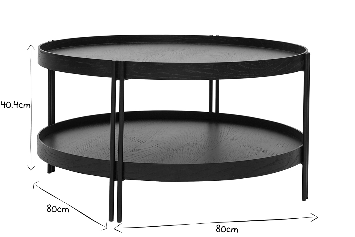 Table basse ronde design bois noir et m�tal noir D80 cm TWICE