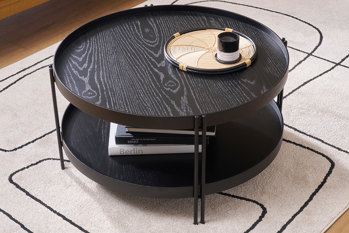 Table basse ronde design bois noir et m�tal noir D80 cm TWICE