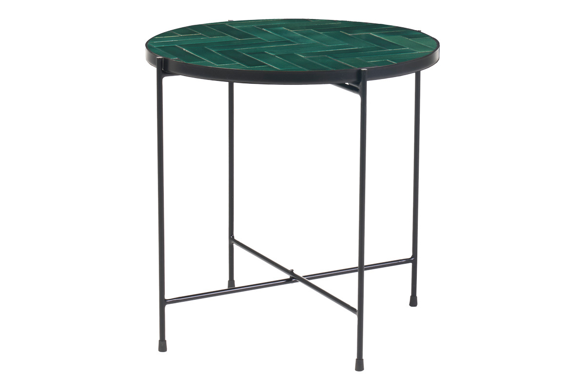Table basse ronde en c�ramique vert fonc� et m�tal noir D50 cm KOTTA