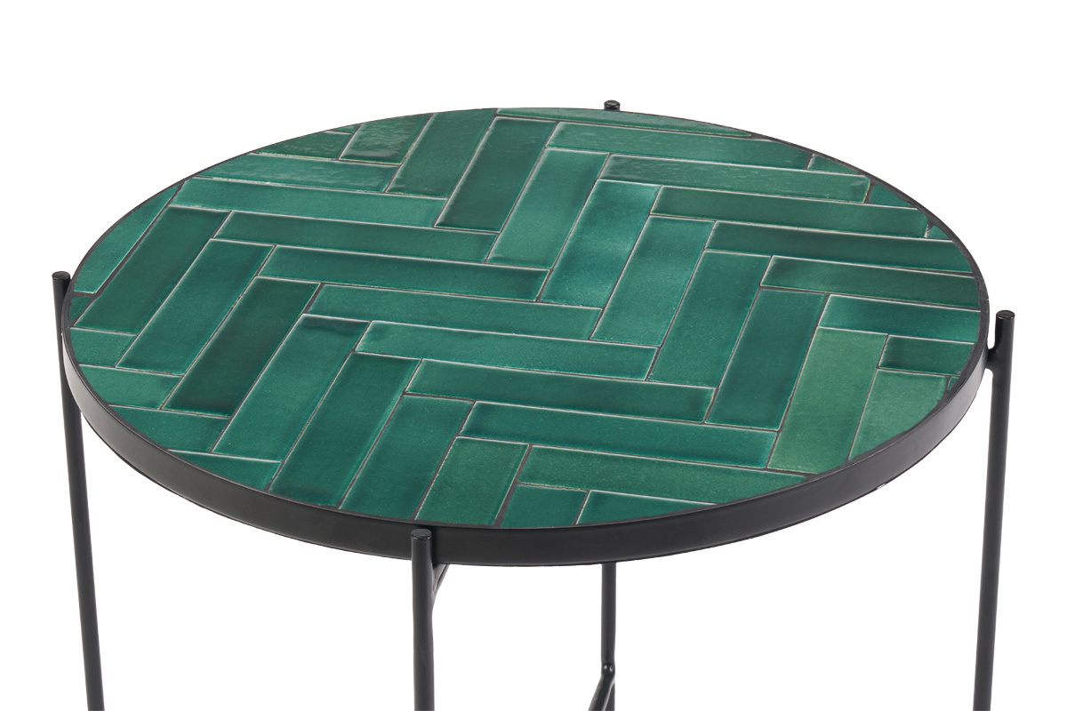 Table basse ronde en c�ramique vert fonc� et m�tal noir D50 cm KOTTA