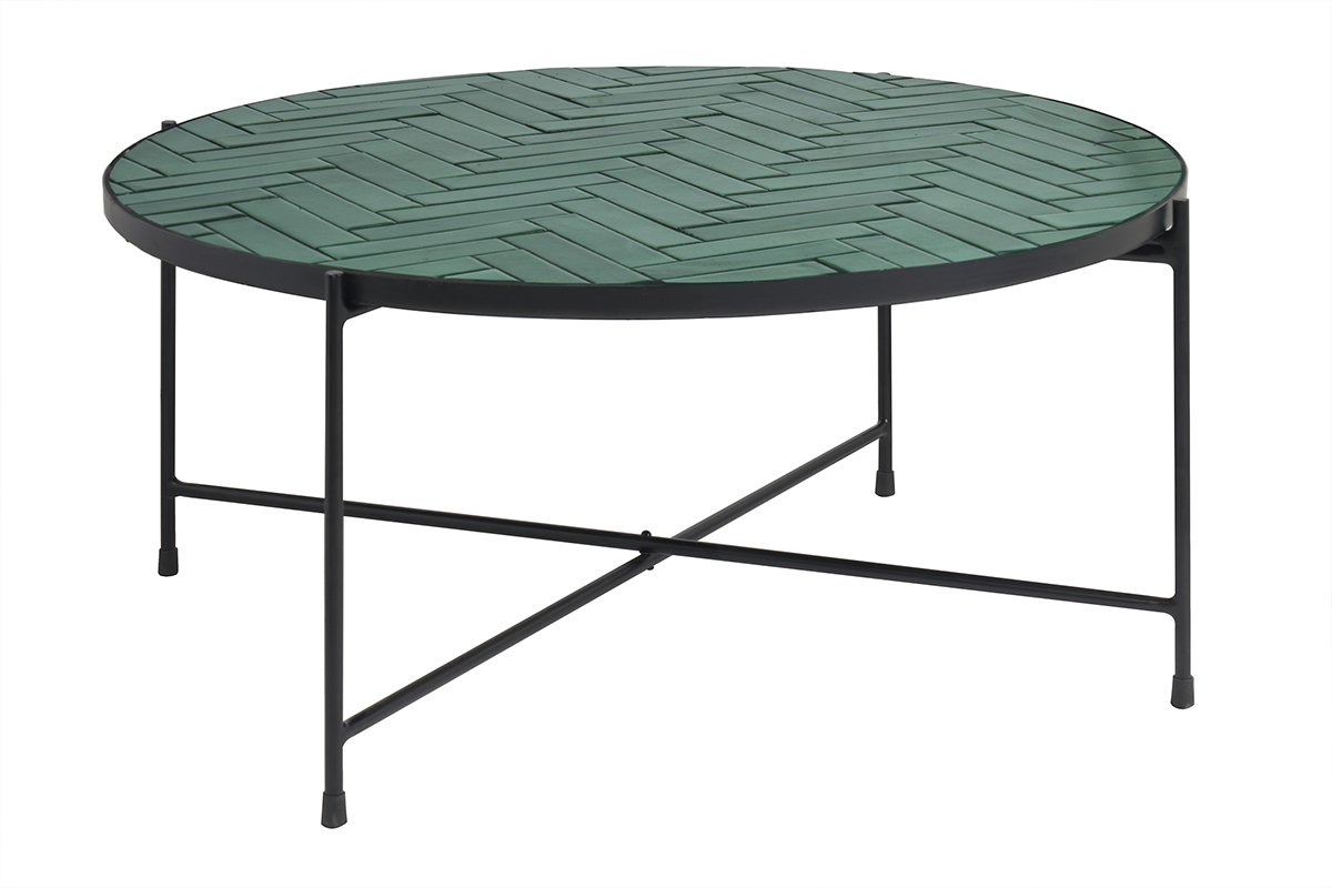 Table basse ronde en c�ramique vert fonc� et m�tal noir de 80.5 cm, mod�le KOTTA.