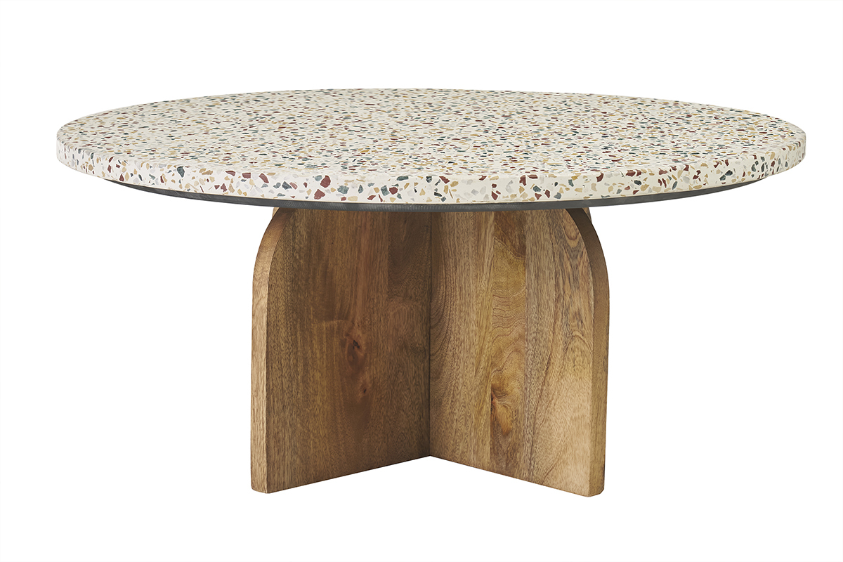 Table basse ronde en terrazzo et bois manguier, vue de face.