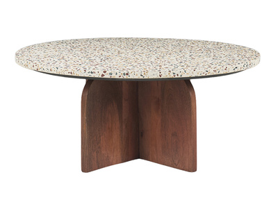 Table basse ronde en terrazzo et bois fonc&eacute; manguier massif D79.5 cm NESSA