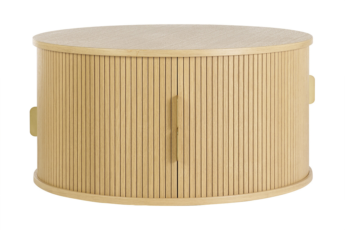 Table basse ronde finition bois clair ch�ne 2 portes coulissantes D80 cm EPIC