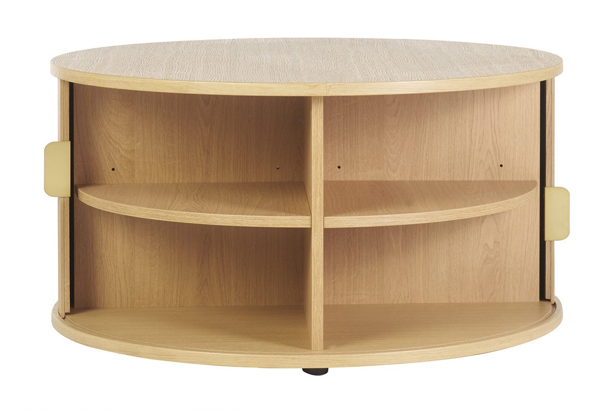 Table basse ronde finition bois clair ch�ne 2 portes coulissantes D80 cm EPIC