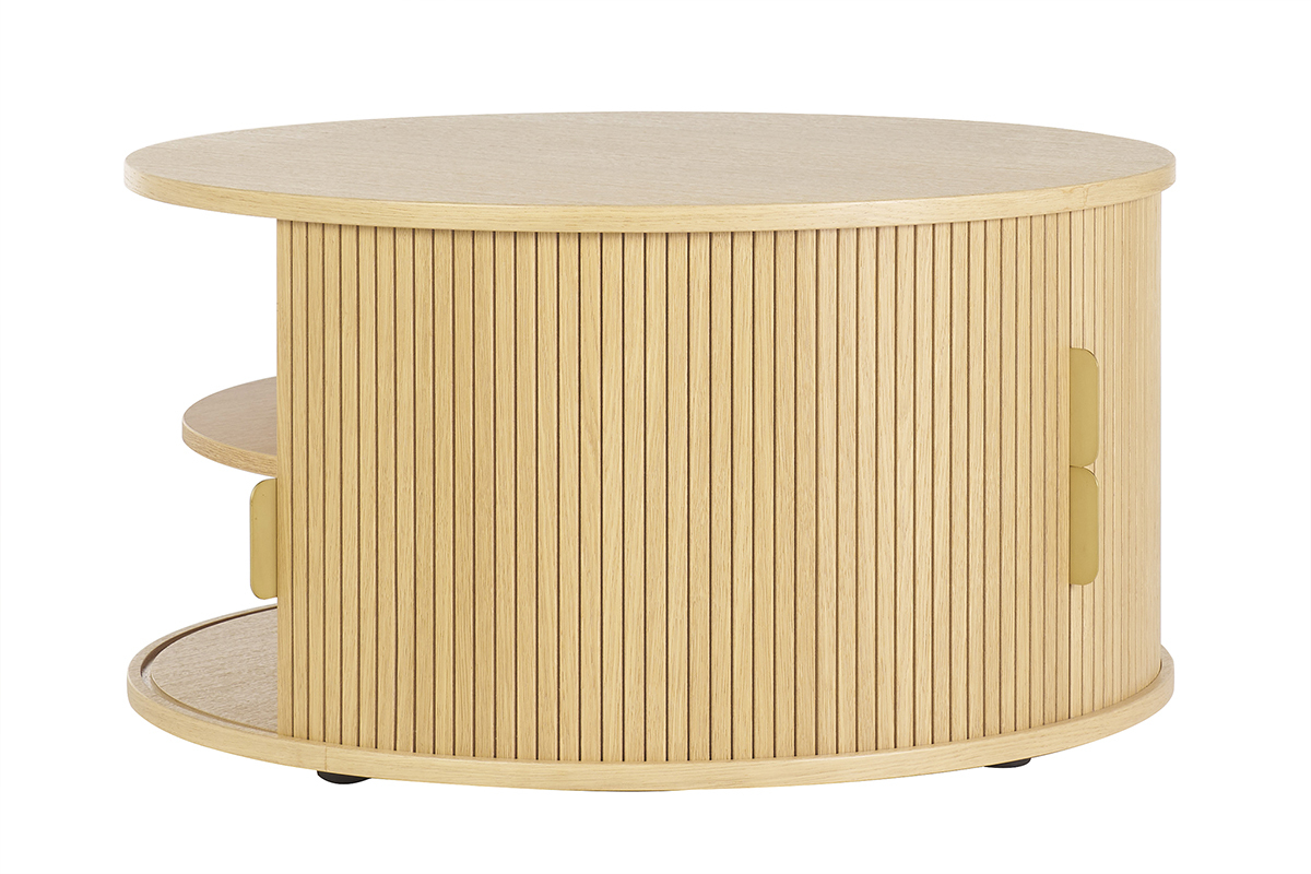 Table basse ronde finition bois clair ch�ne 2 portes coulissantes D80 cm EPIC