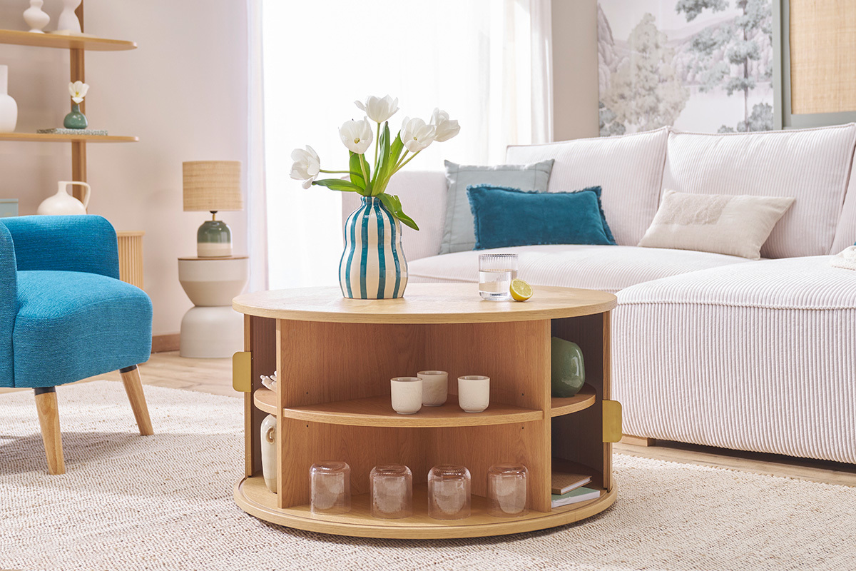Table basse ronde finition bois clair ch�ne 2 portes coulissantes D80 cm EPIC