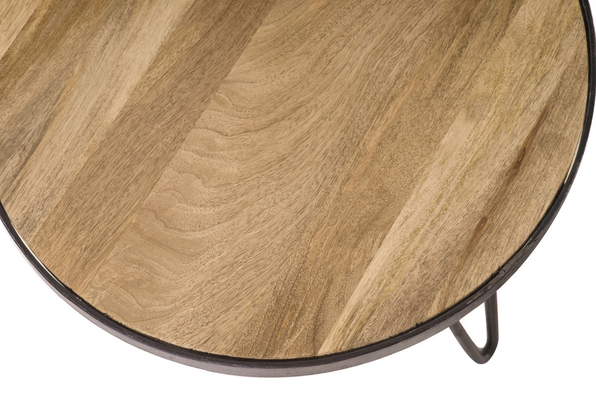 Table basse ronde en bois manguier massif avec pieds en m�tal noir, vue de dessus.