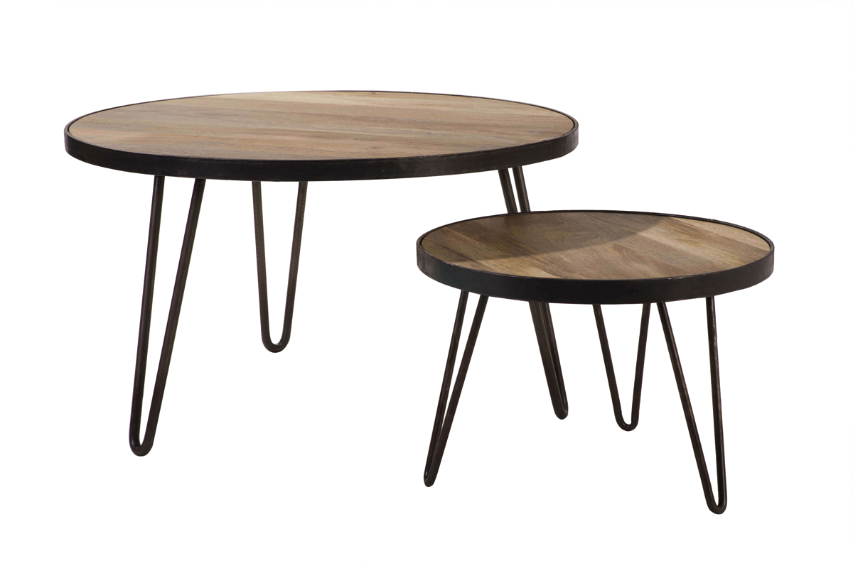 Table basse ronde industrielle bois manguier massif et m�tal noir L80 cm ATELIER