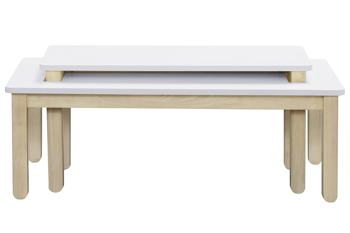 Table basse scandinave avec banc int�gr� blanc et bois clair L110 cm CYBEL