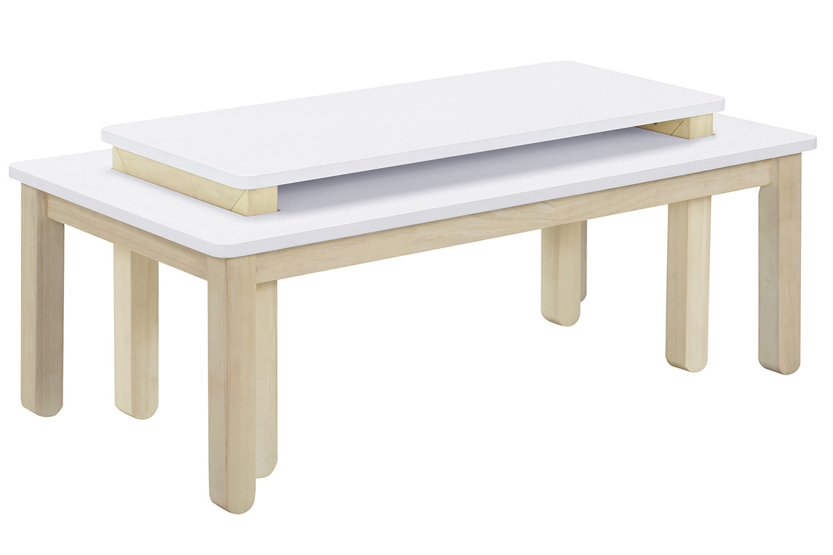 Table basse scandinave avec banc int�gr� blanc et bois clair L110 cm CYBEL