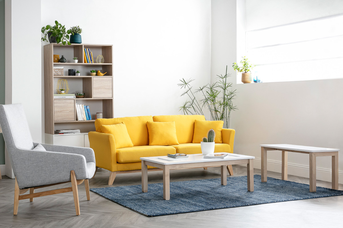 Table basse scandinave avec banc int�gr� blanc et bois clair L110 cm CYBEL