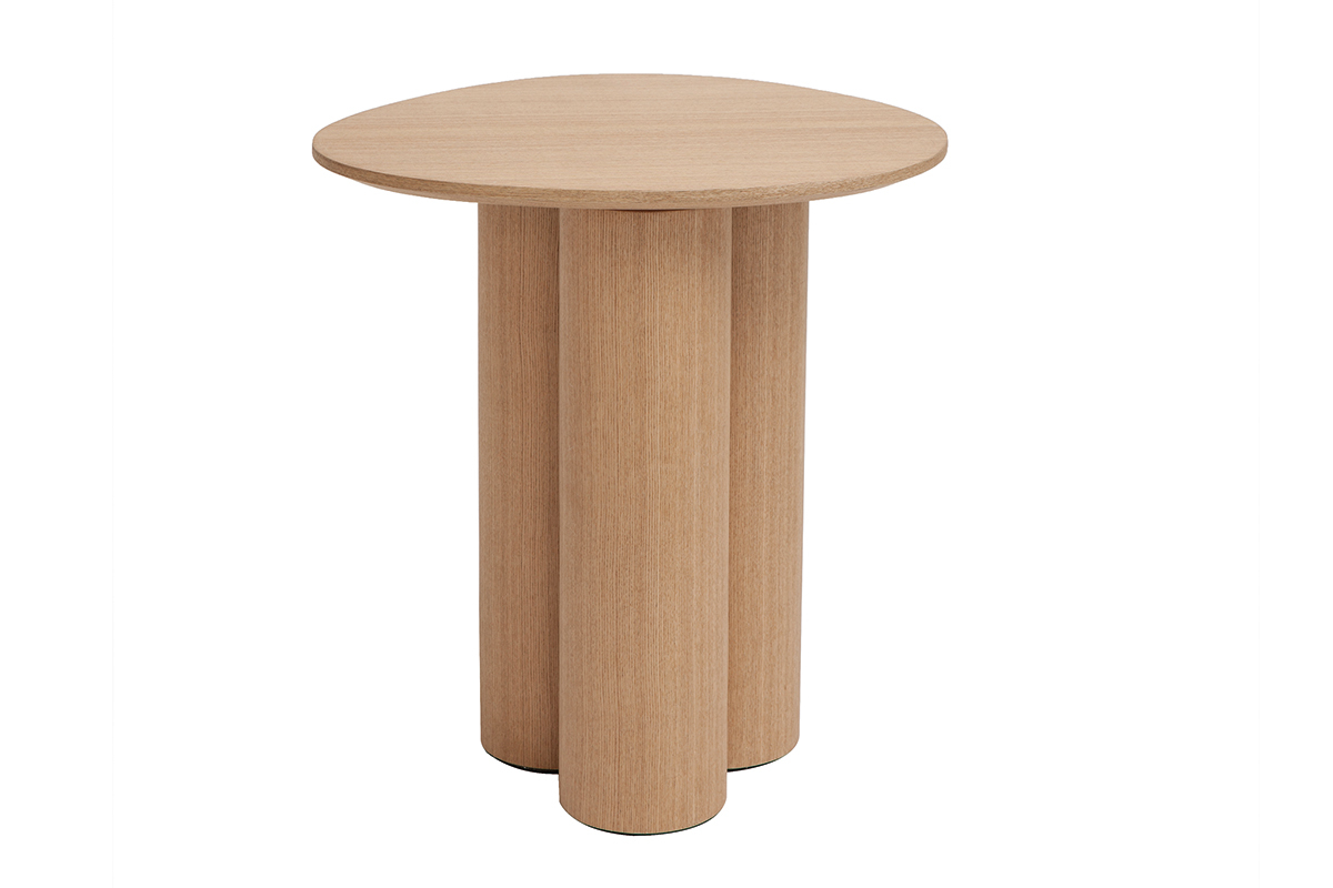 Table d'appoint en bois clair avec plateau ovale et pied central cylindrique.