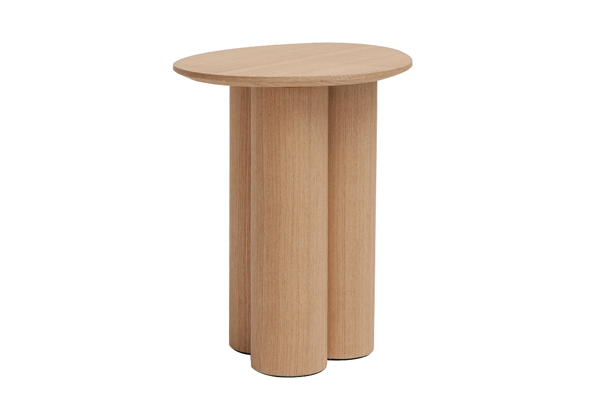 Table d'appoint bois clair HOLLEN, vue de profil, design cylindrique.