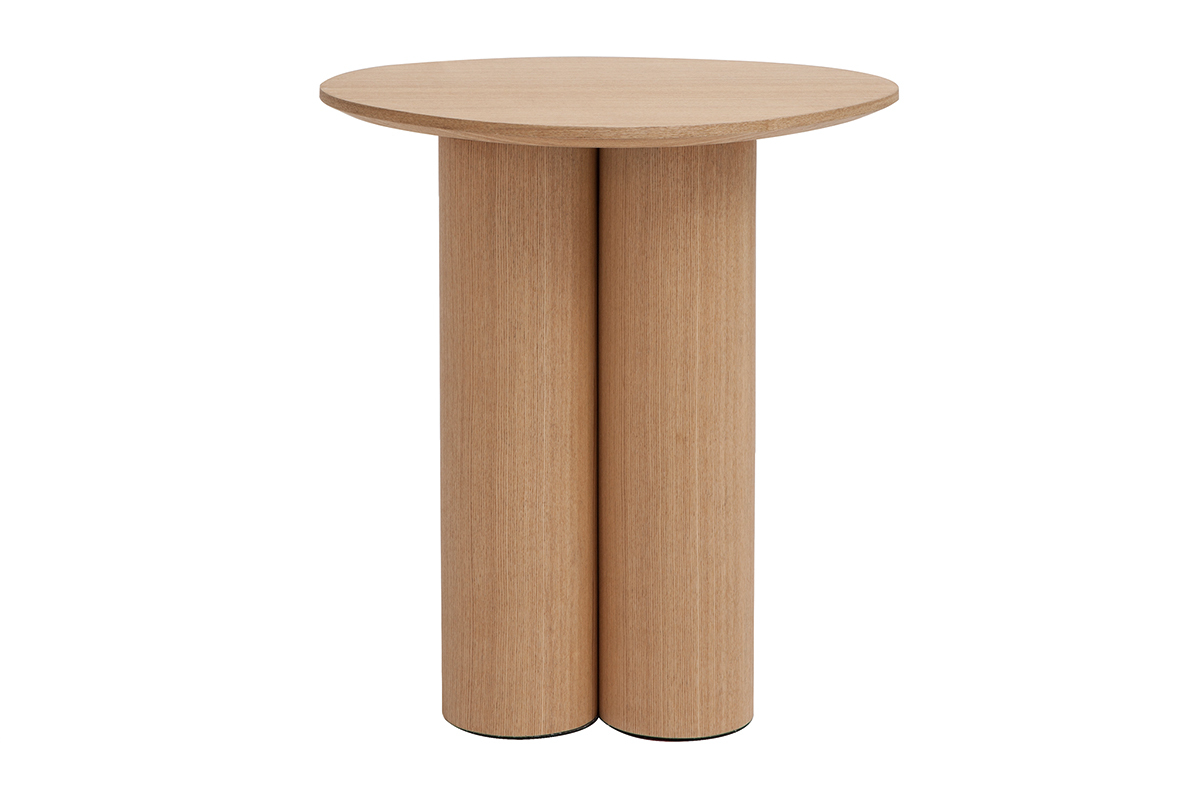 Table d'appoint en bois clair avec pieds cylindriques, vue de face.