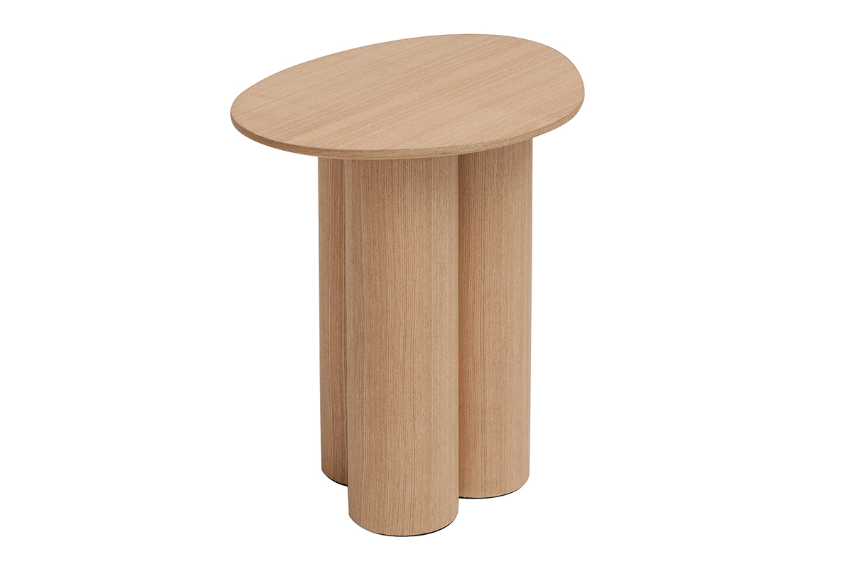 Table d'appoint en bois clair avec plateau ovale et pi�tement central, vue de haut.