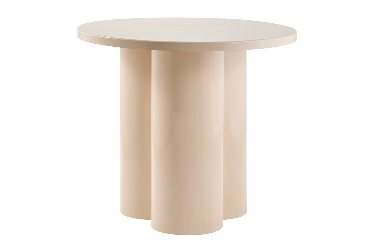 Table d'appoint design en m�tal �maill� beige, vue de face, haut rond, trois pieds