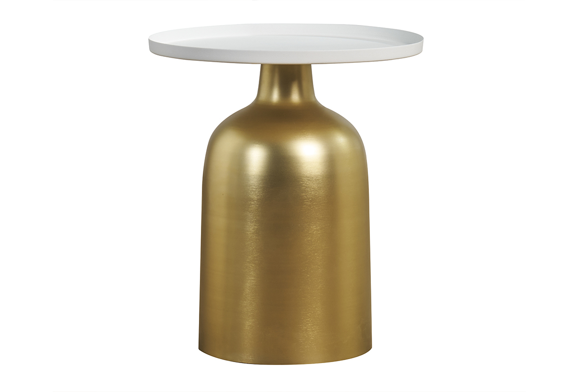 Table d'appoint design ronde en m�tal dor� et plateau blanc mat RAMSES