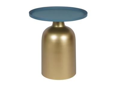 Table d'appoint design ronde en m&eacute;tal dor&eacute; et plateau bleu p&eacute;trole mat RAMSES