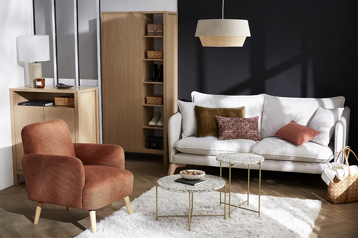 Table d'appoint design ronde en terrazzo et m�tal dor� D40 cm MEZZO