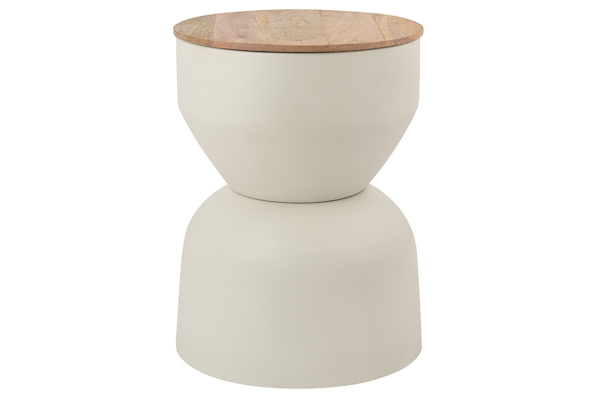 Table d'appoint ronde en m�tal gr�ge avec plateau en bois de manguier, vue de face.