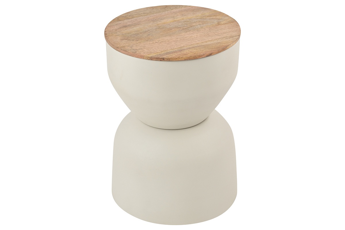 Table d'appoint ronde YOYO en m�tal gr�ge et bois manguier, vue de c�t�.