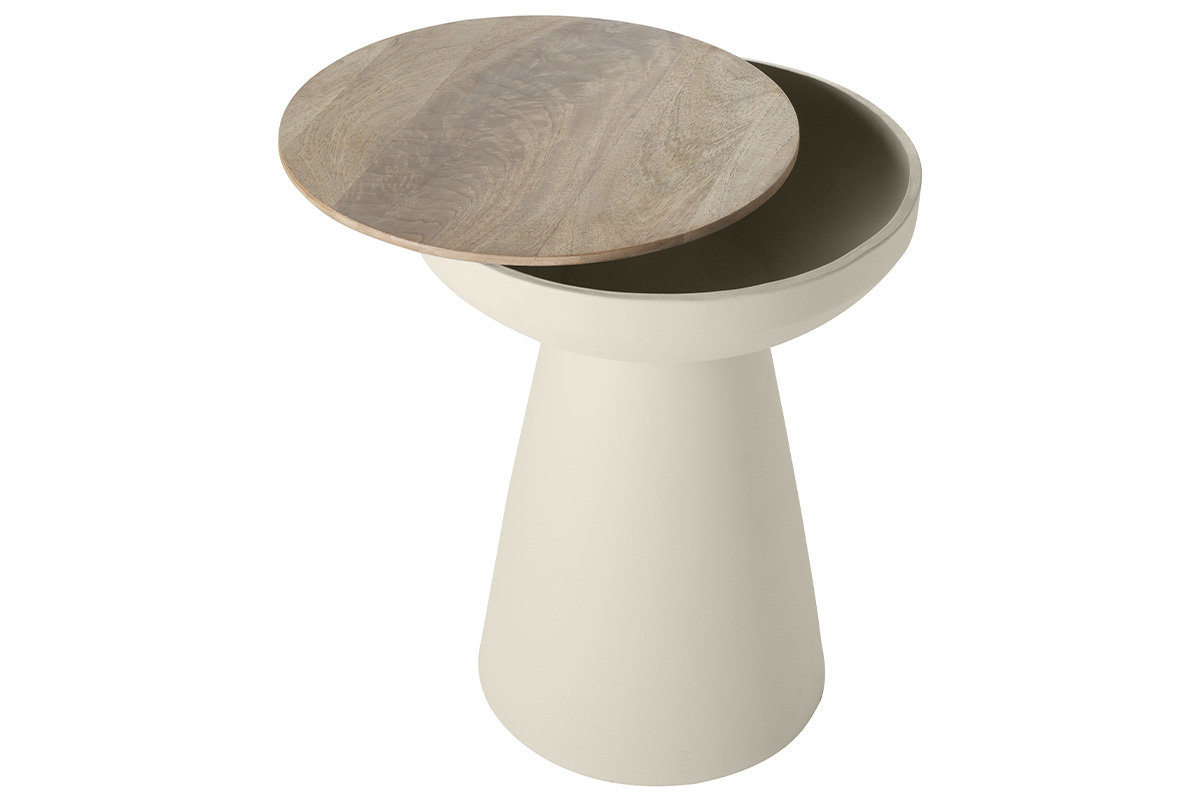Table d'appoint ronde en m�tal et bois, avec rangement, vue de dessus.