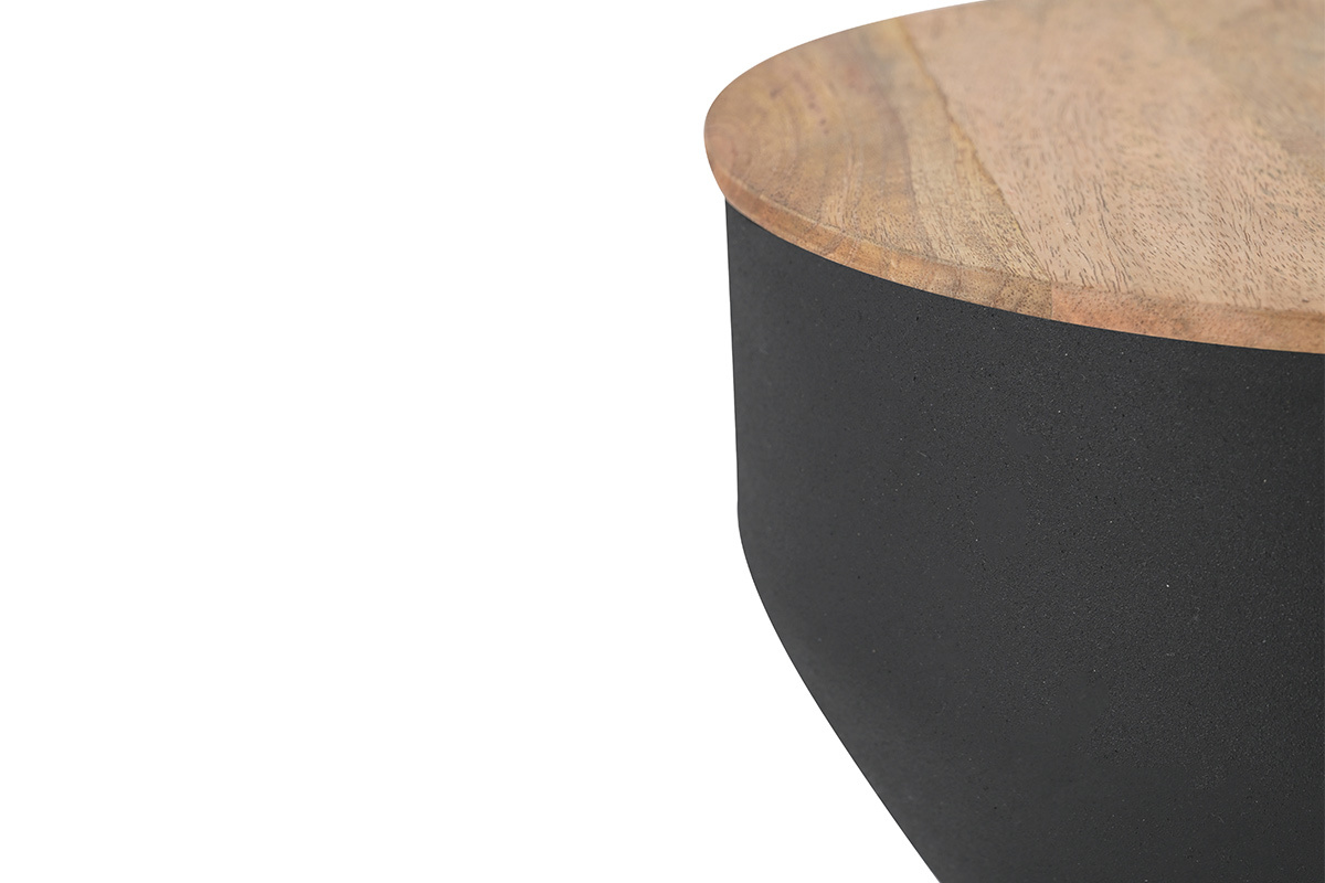 Table d'appoint ronde design avec rangement en m�tal gris anthracite et bois manguier massif D30 cm YOYO