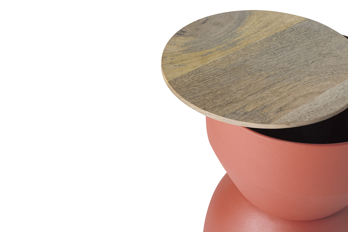 Table d'appoint ronde design avec rangement en m�tal terre brul�e et bois manguier massif D30 cm YOYO