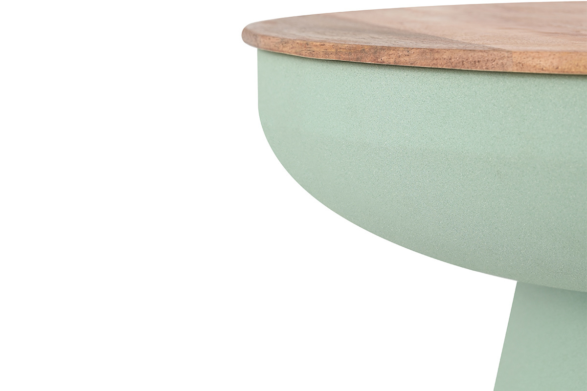 Table d'appoint ronde design avec rangement en m�tal vert c�ladon et bois manguier massif H52 cm TAM