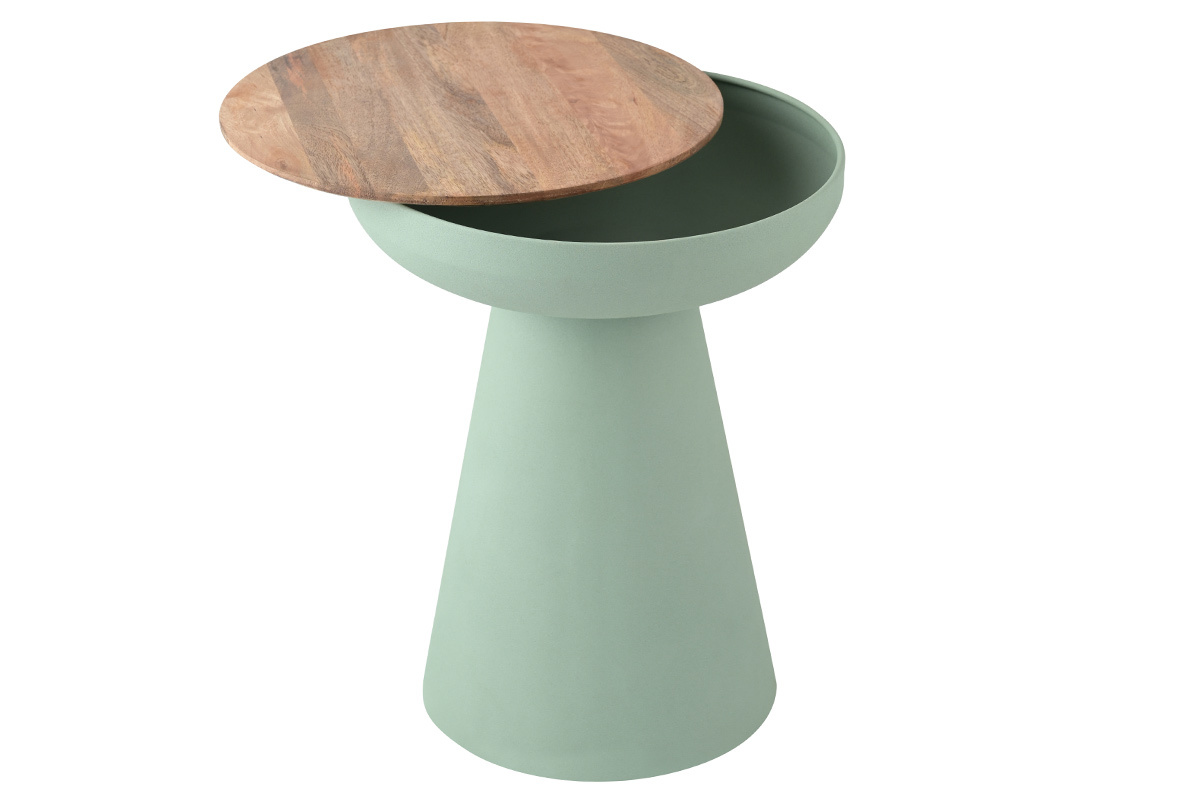 Table d'appoint ronde design avec rangement en m�tal vert c�ladon et bois manguier massif H52 cm TAM