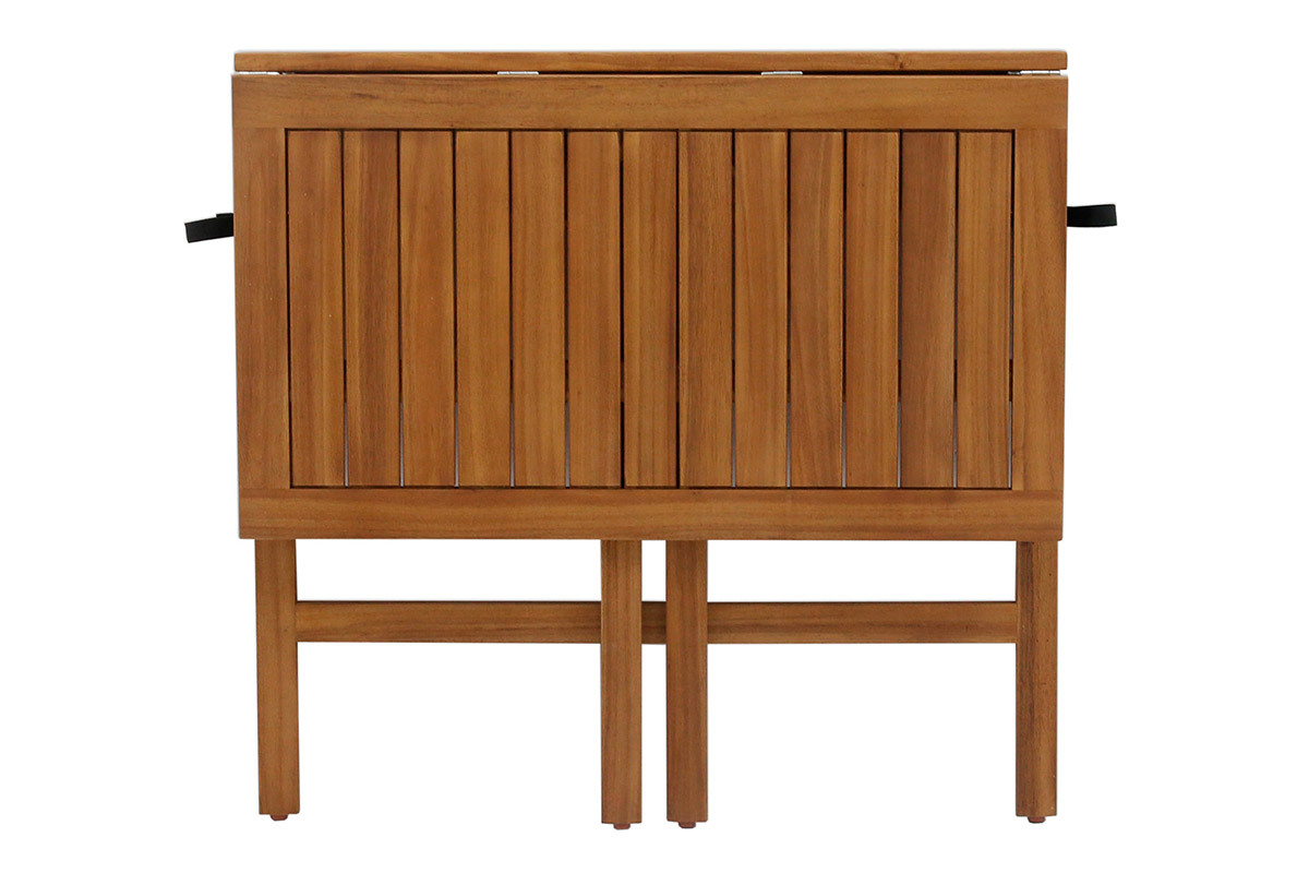 Table de balcon pliante en bois massif, vue de face, dimensions L80 cm.