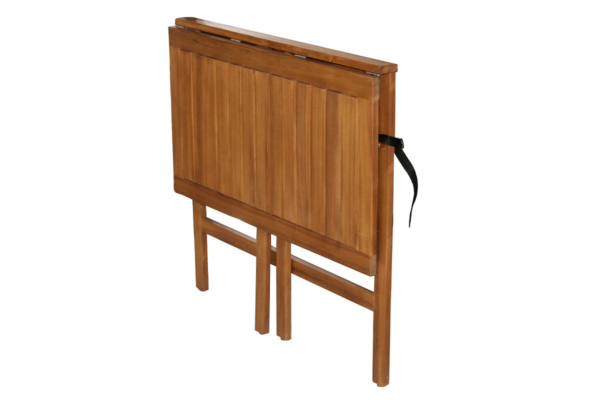 Table de balcon pliante en bois massif vue de c�t�, dimensions L80 cm, avec plateau rabattable.