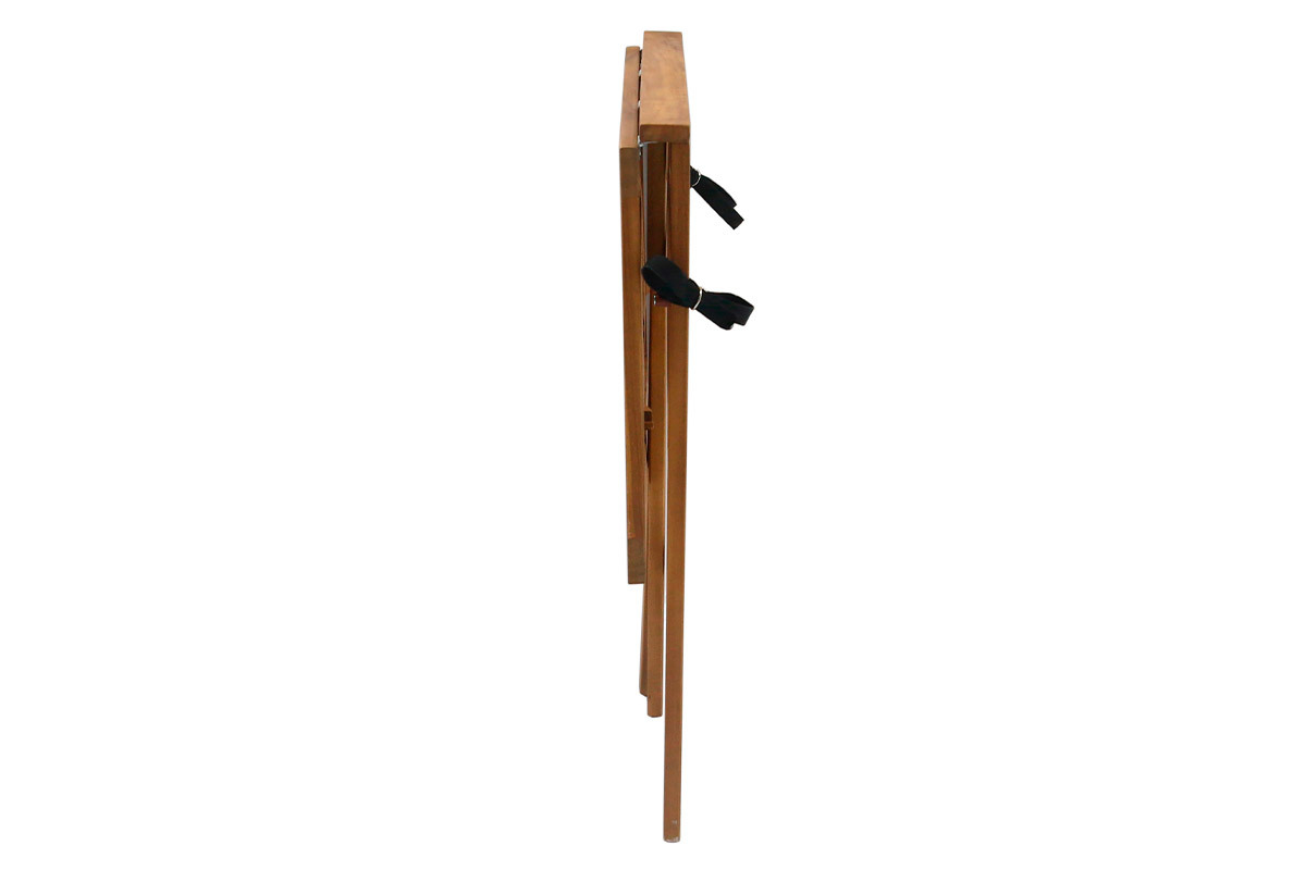 Table de balcon pliante en bois massif, vue de profil, avec plateau rabattable.