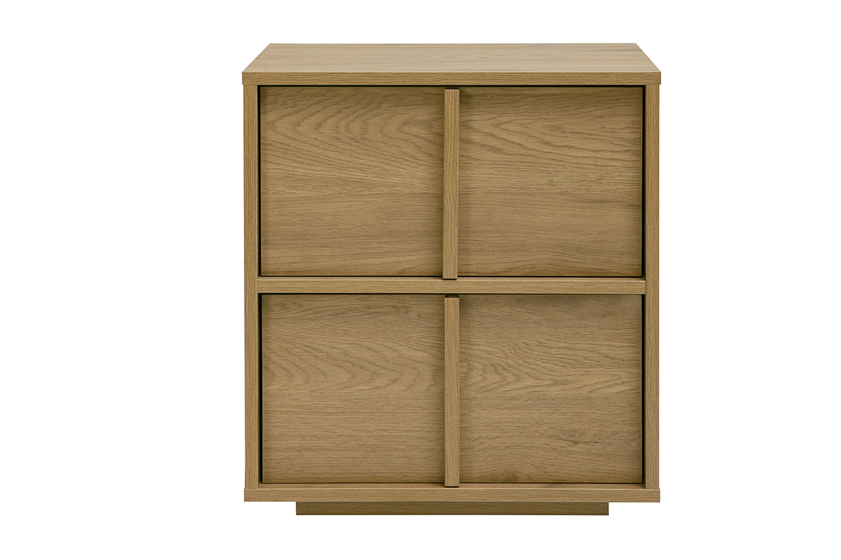 Table de chevet en bois clair avec deux tiroirs, vue de face