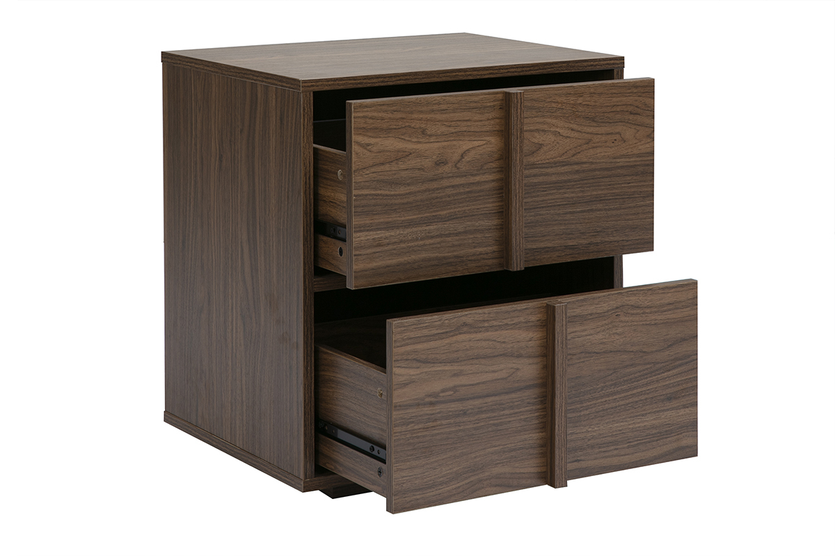 Table de chevet 2 tiroirs en bois fonc� noyer, vue de 3/4