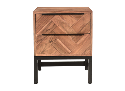 Table de chevet avec rangements 2 tiroirs &agrave; motifs chevrons en bois massif et m&eacute;tal noir STICK
